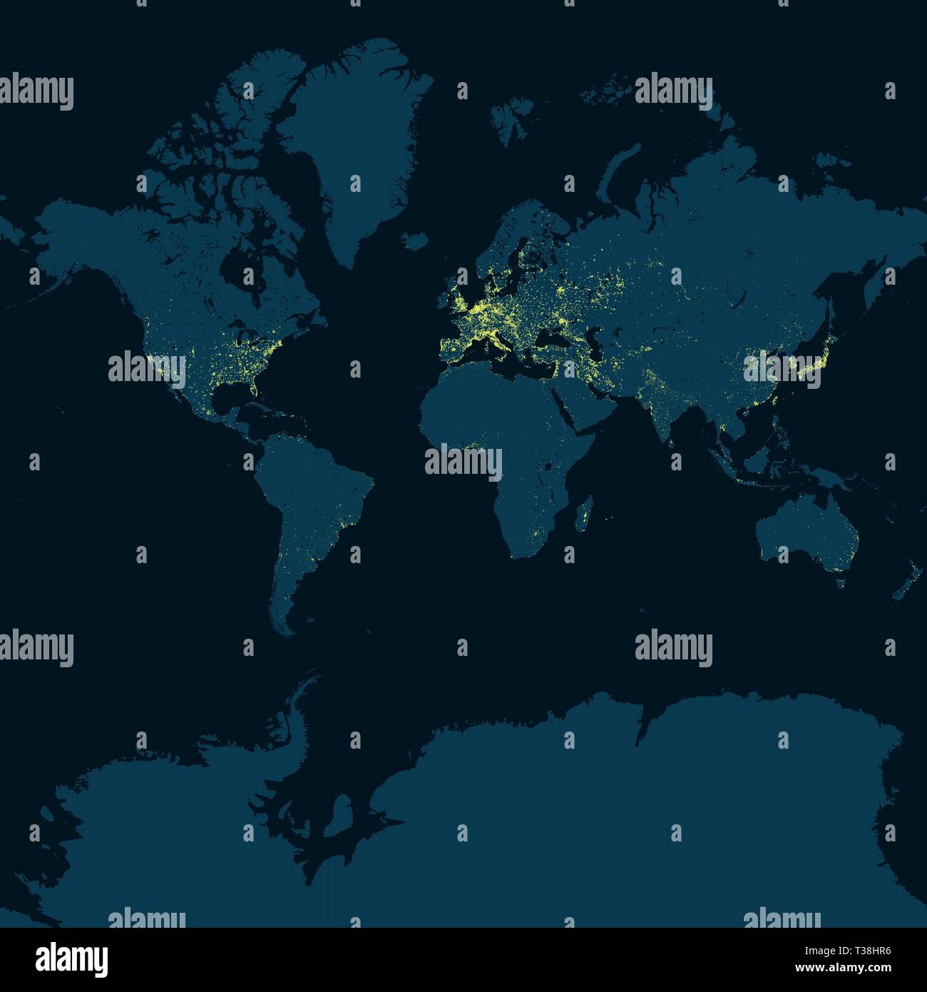Weltkarte, erdkarte mit prominenten städtischen Gebieten. Nacht Blick auf die Erde. Satelliten Ansicht der Städte beleuchtet in der Nacht Stock Vektor
