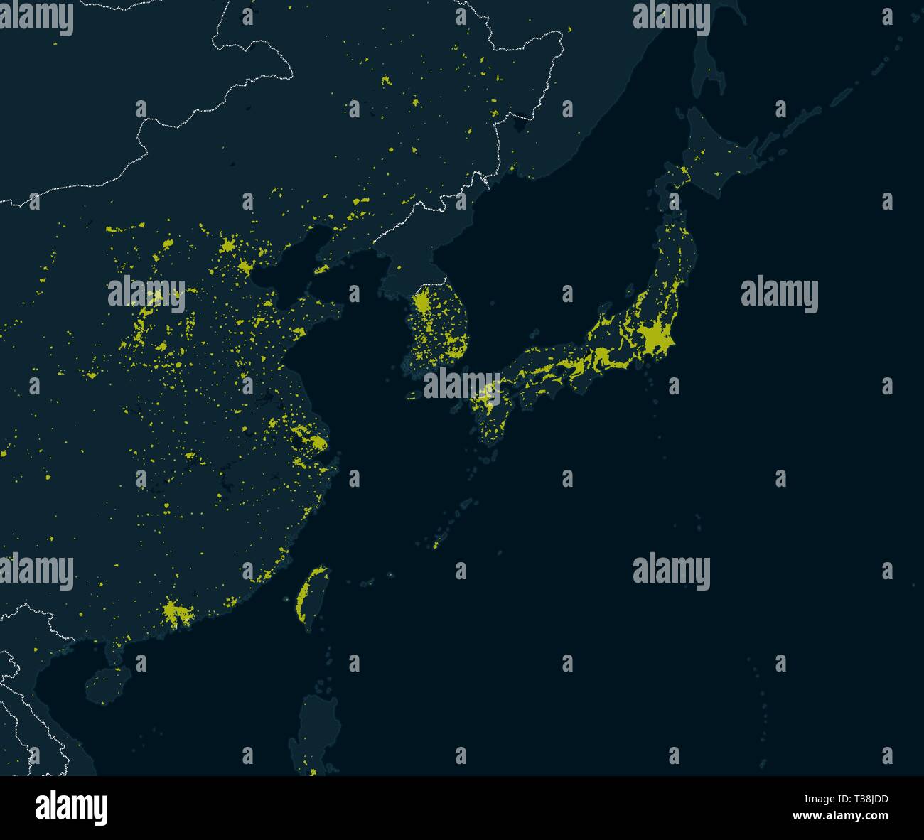 Weltkarte, erdkarte mit prominenten städtischen Gebieten. Nacht Blick auf die Erde, Asien. Satelliten Ansicht der Städte beleuchtet in der Nacht. Ostasien Stock Vektor