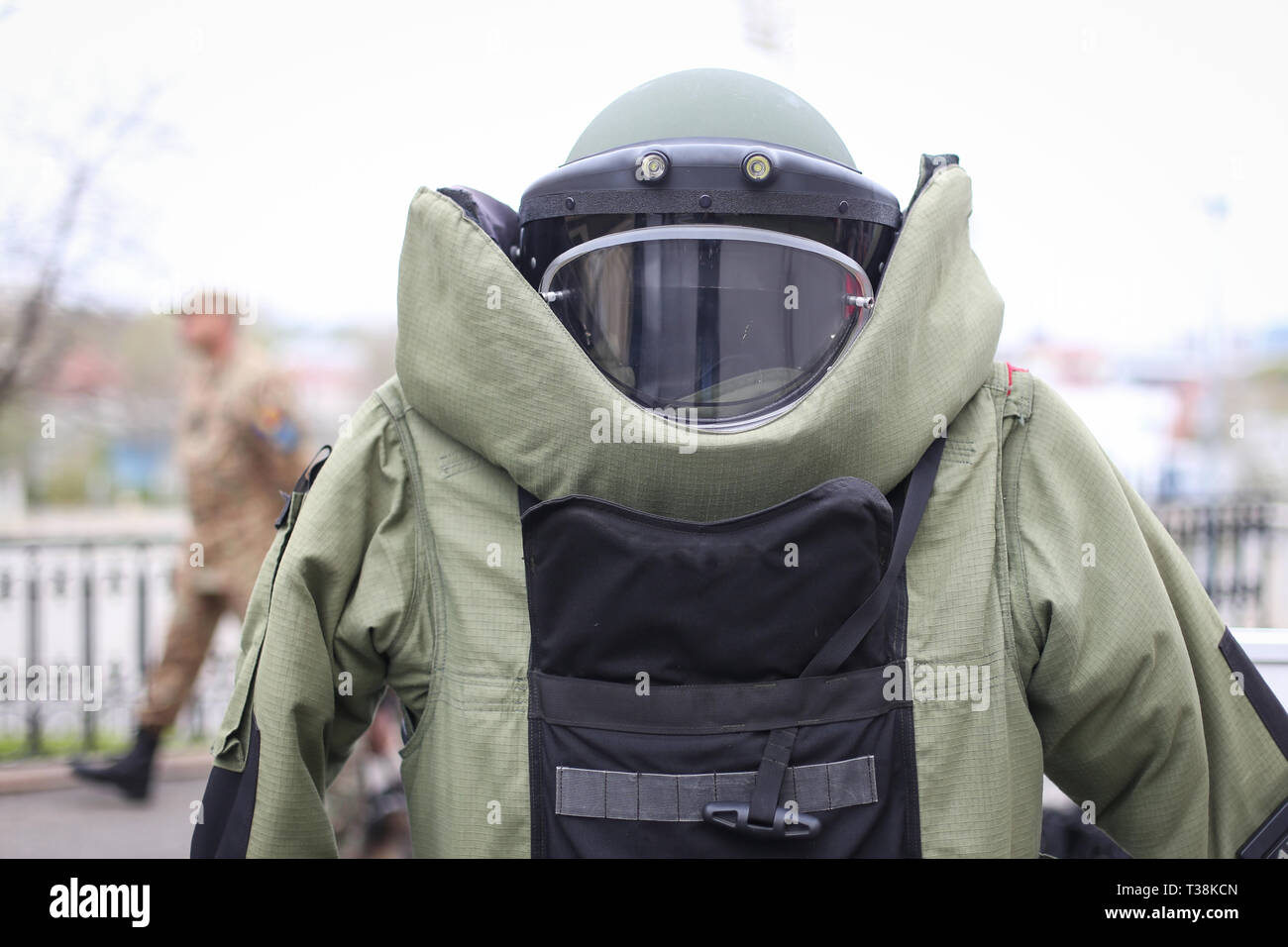 Details eines EOD (Explosive Ordnance Disposal) militärischen Schutz Kostüm Stockfoto