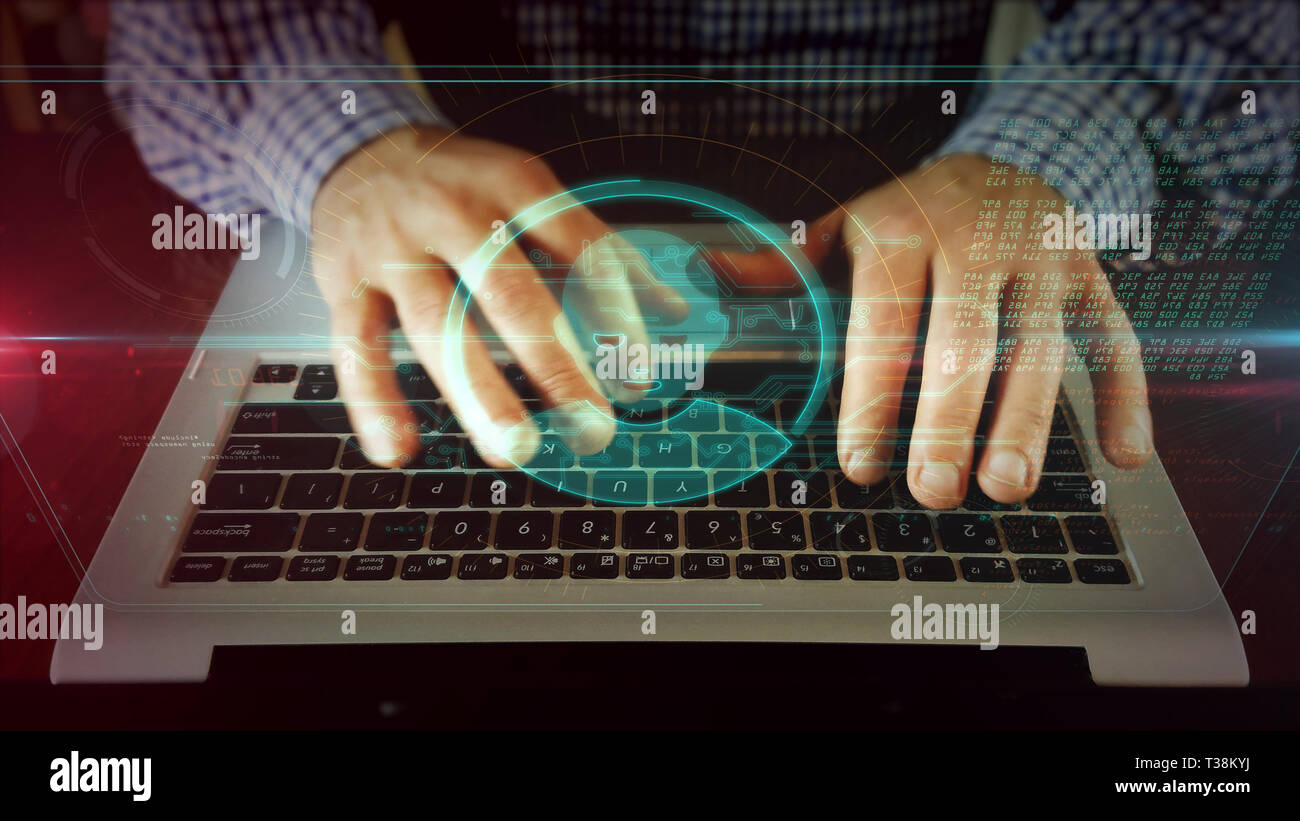 Man tippt auf Laptop Tastatur mit Kopf Symbol auf Hologramm angezeigt. Soziale Medien, Privatsphäre im Cyberspace, Profiling, annonymouse Konzept Animation. Busi Stockfoto