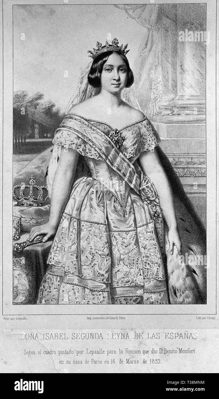 ISABEL II REINA DE LAS ESPAÑAS - 1830/1904 - LITOGRAFIA S XIX. Autor: LLANTA B. Lage: MUSEO ROMANTICO - GRABADO. MADRID. Spanien. Stockfoto