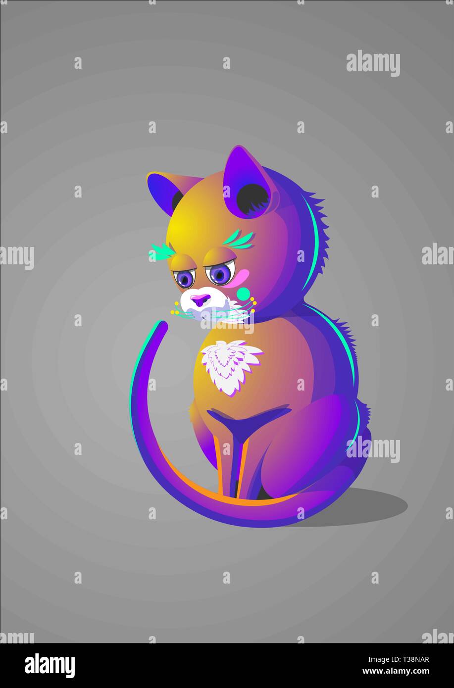 Vector Illustration von bunten ziemlich traurige Katze sitzt auf dem Boden Es hat purple orange Ende mehrere andere Farben. auf einem grauen Hintergrund isoliert Stock Vektor