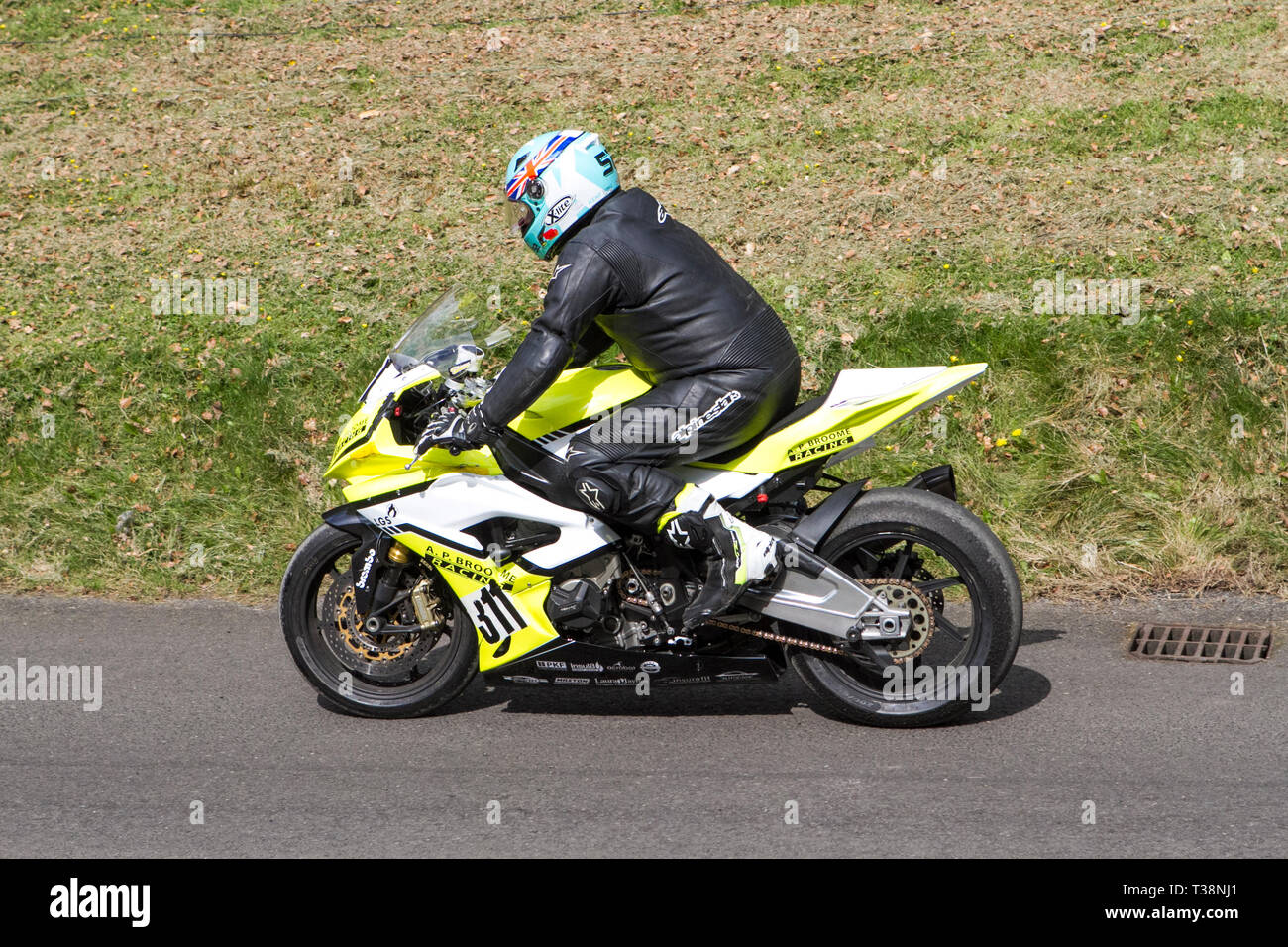 Chorley, Lancashire, UK. April, 2019. Hoghton Tower 43 Motorrad Sprint. Reiter Stockfoto