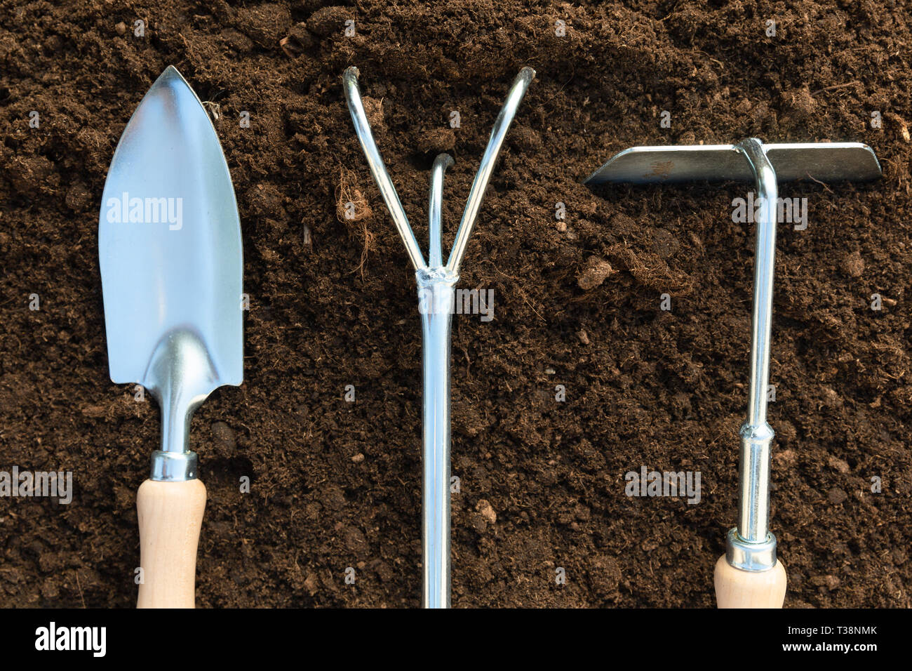 Gartengeräte auf Boden Hintergrund. Frühling Garten Arbeit Konzept Stockfoto
