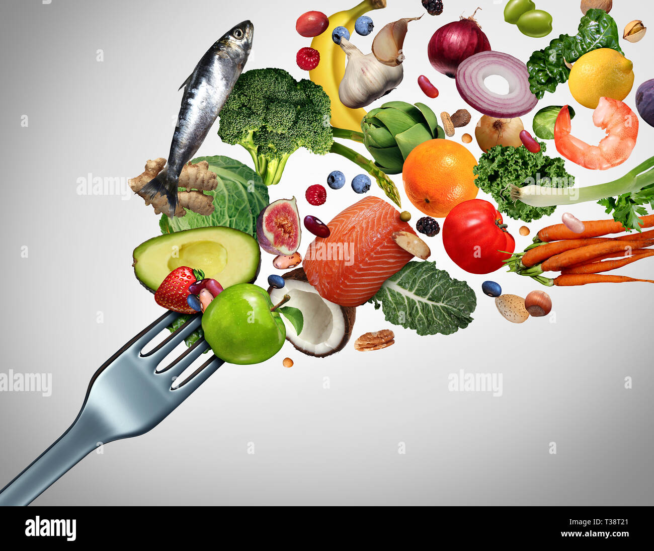 Das Essen gesund essen und sauber Symbol essen wie frische Zutaten platzt aus einem Abendessen Gabel mit 3D-Illustration Elemente. Stockfoto