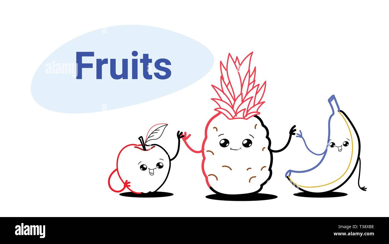 Süße Banane Apfel und Ananas cartoon Comic halten sich an den Händen glücklich lächelnde Gesichter emoji kawaii Hand gezeichneten Stil frisches Obst gesundes Essen con Stock Vektor