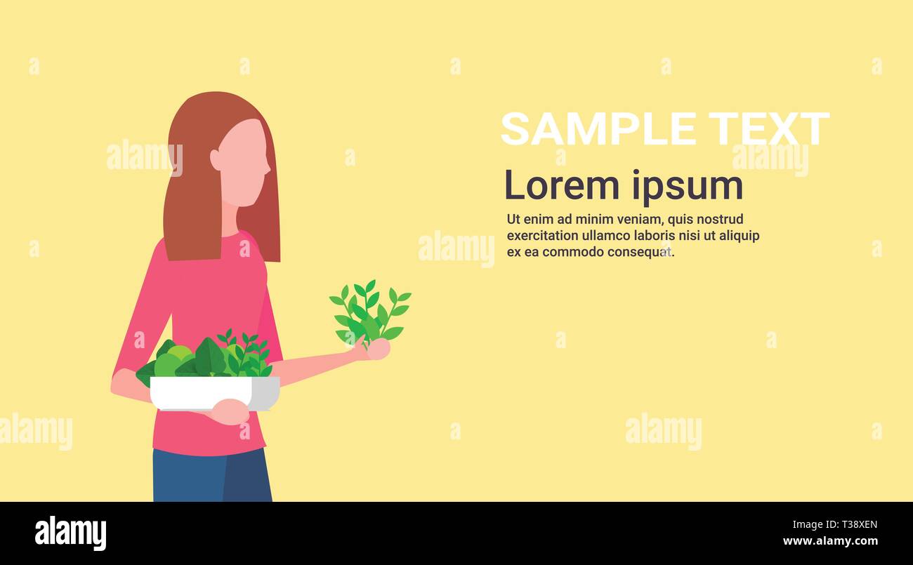 Frau mit Topfpflanzen Mädchen Gärtner pflanzen Gemüse Gartenbau Konzept weibliche Comicfigur portrait Waagrechten kopieren Raumzeiger il Stock Vektor