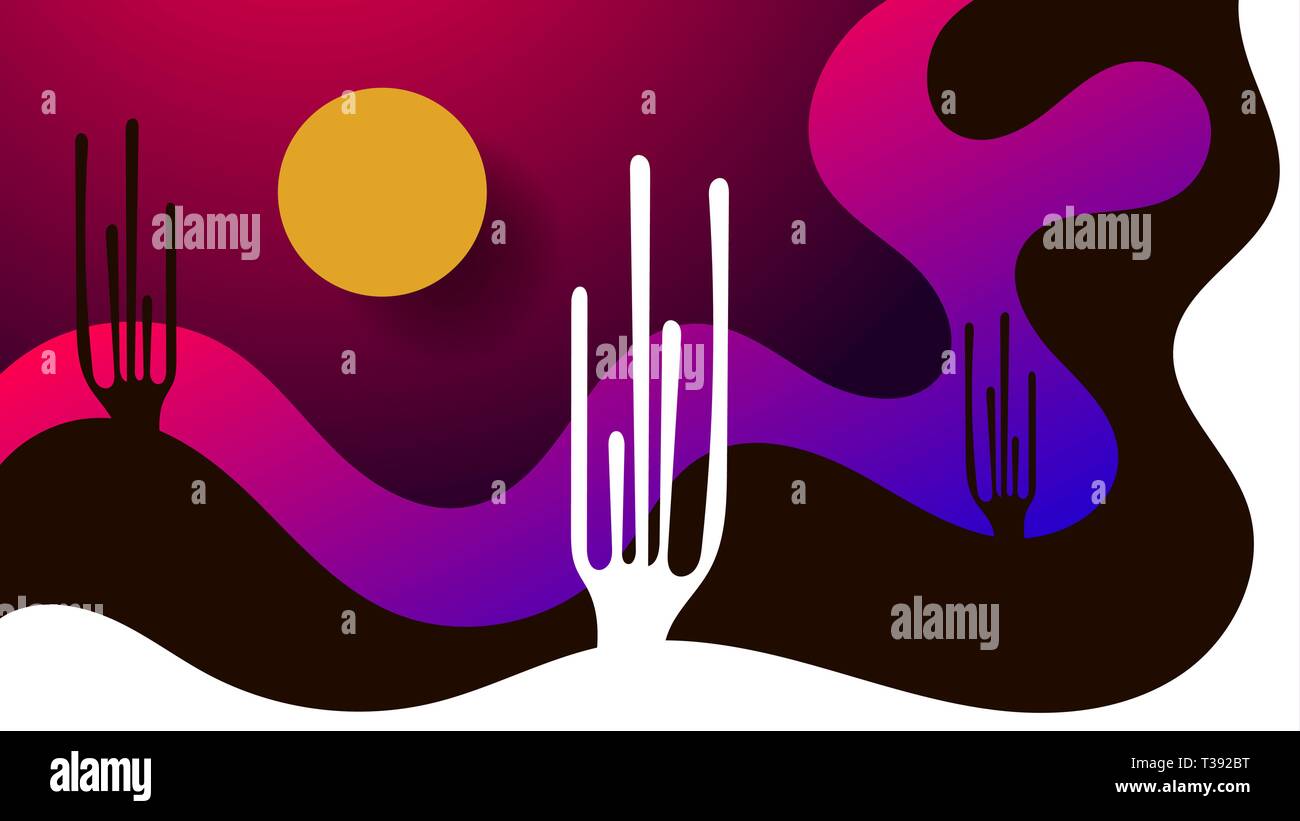 Vektor moderne flache Landschaft mit einsamen Kaktus und langen Schatten. Abbildung: mit Blick auf den Sonnenuntergang in lila, violett und rosa Farben. Stock Vektor