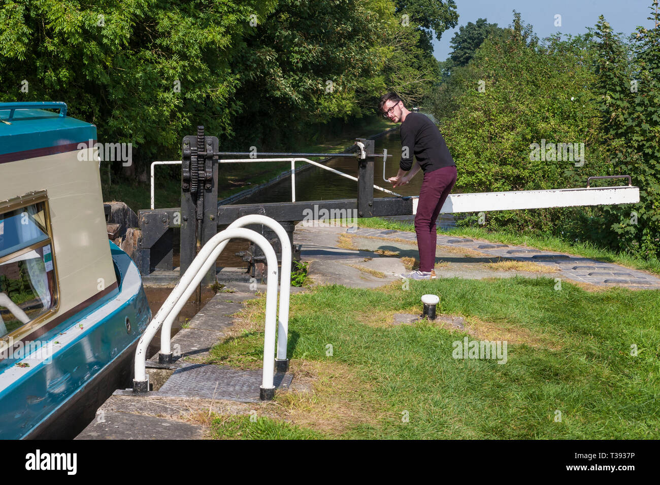 Die ankerwinsch Für das Tor der Paddles, Povey Lock's Nr. 13, Llangollen Canal, Cheshire, England. MODEL RELEASED Stockfoto