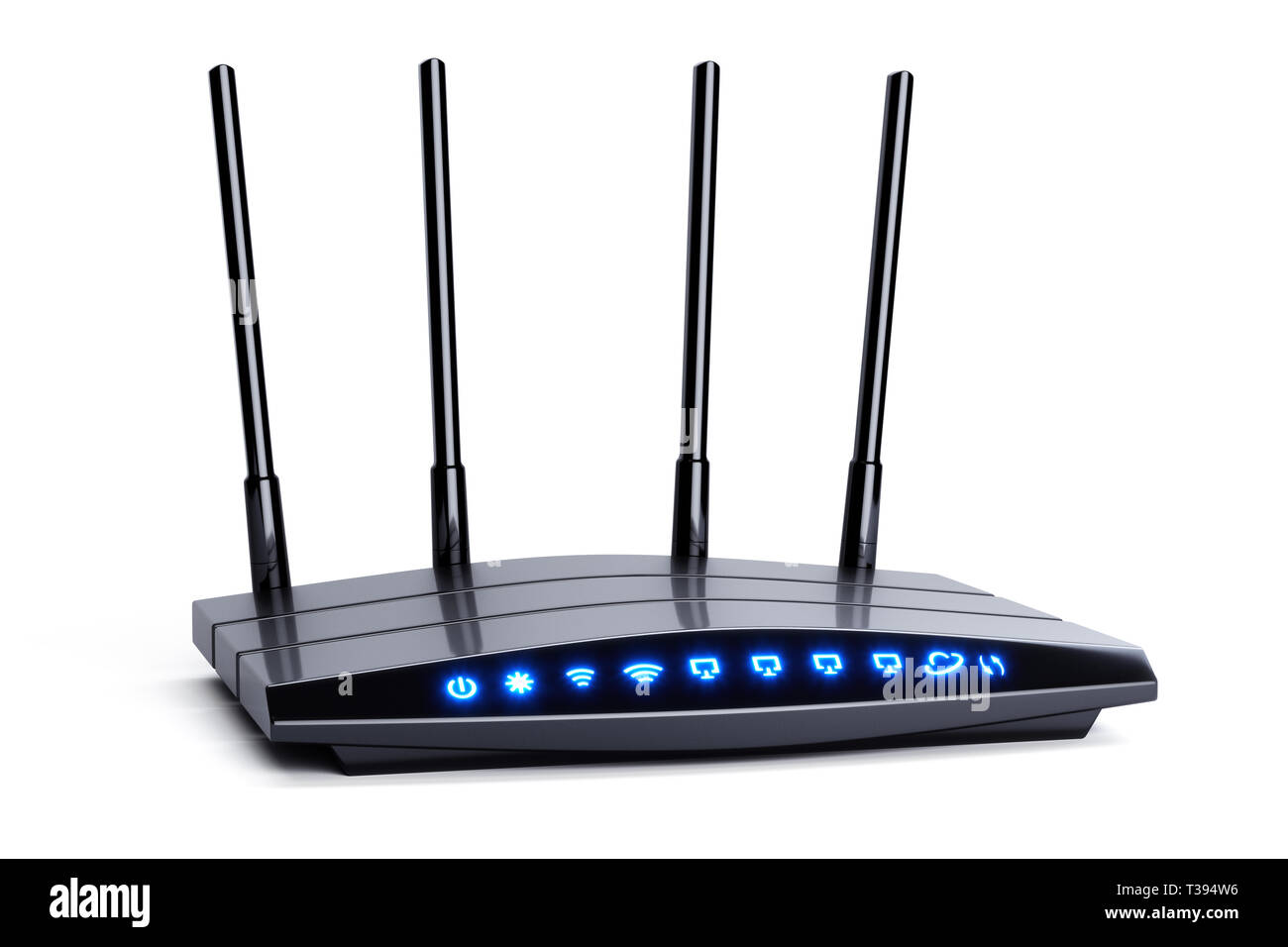3d moderne drahtlose Wi-fi schwarz Router mit vier Antennen und blauen Indikatoren isoliert auf Weiss. High speed Internet, firewall Computer netw Stockfoto