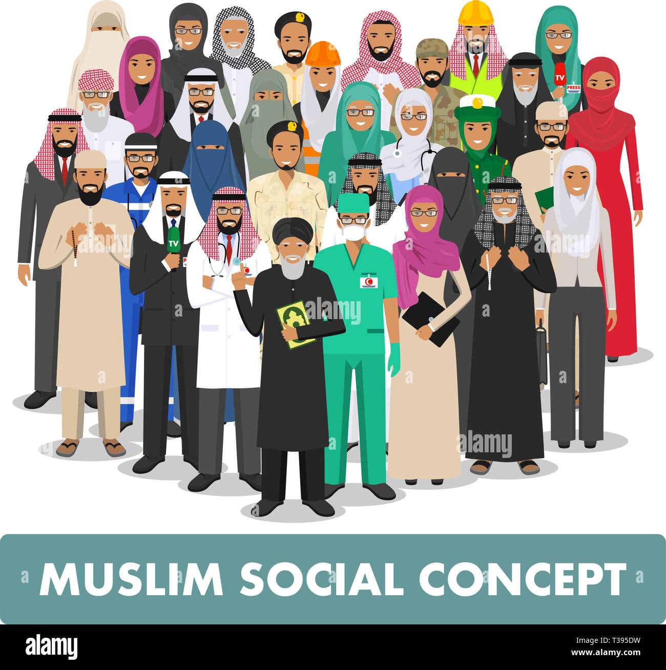 Soziale Konzept. Gruppe muslimischen arabischen Menschen Berufe Besetzung zusammen in unterschiedlichen Farben und traditionelle Kleidung auf weißem Hintergrund im Stehen Stock Vektor