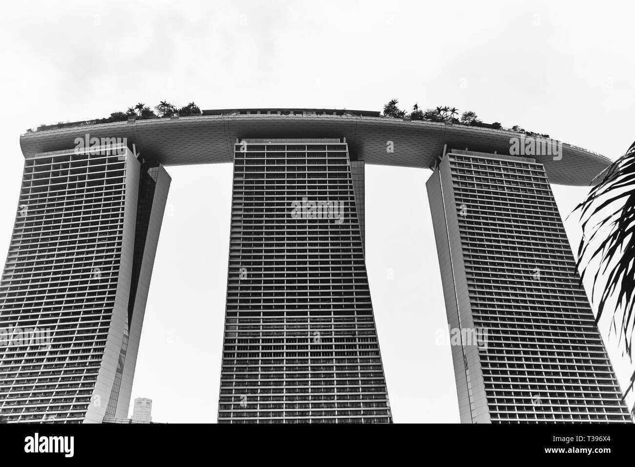 Schwarze und weiße Nahaufnahme des Marina Bay Sands Hotel in Singapur Stockfoto