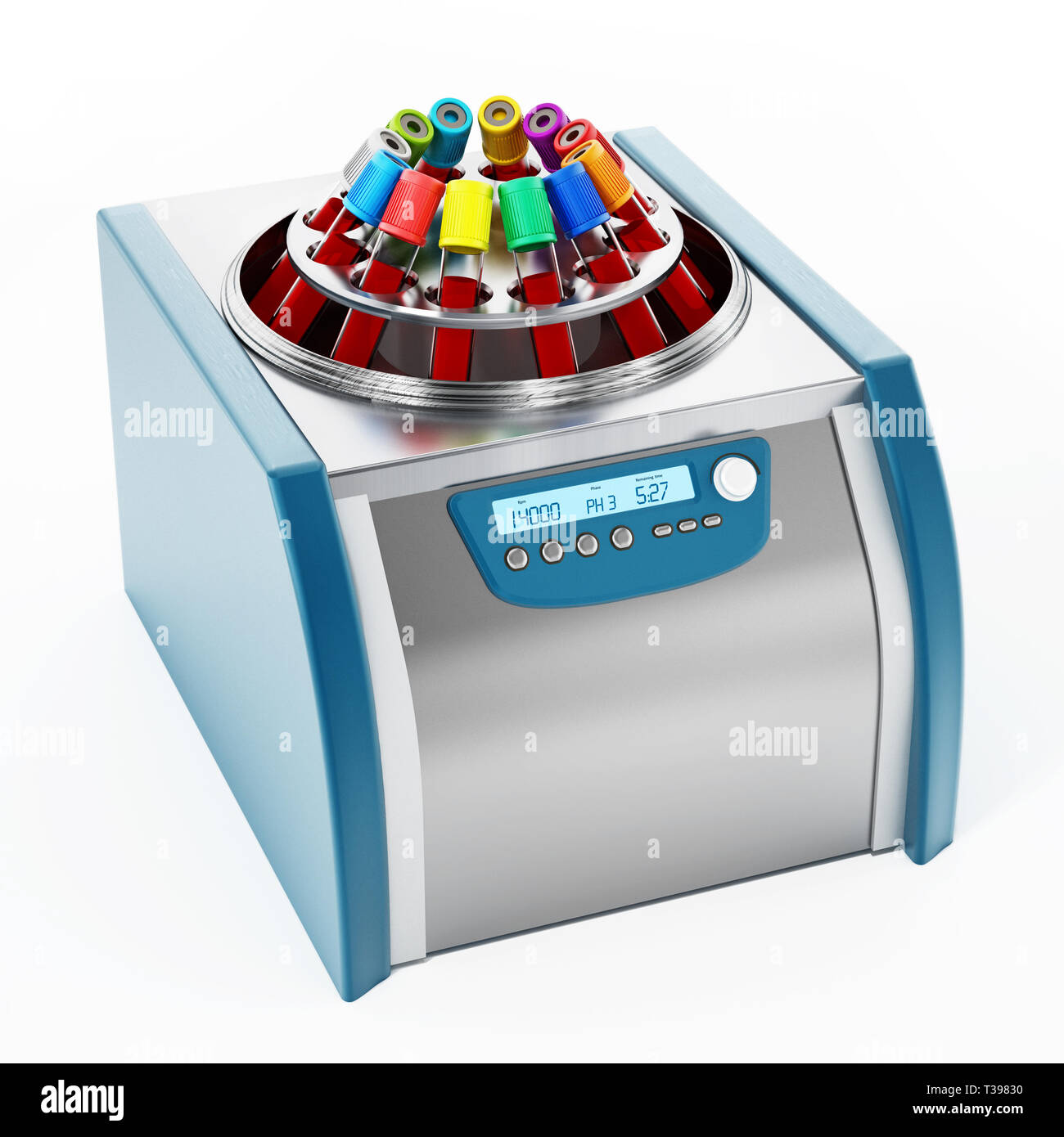 Blut Zentrifuge Maschine mit Reagenzgläsern voll von Blutproben. 3D-Darstellung. Stockfoto