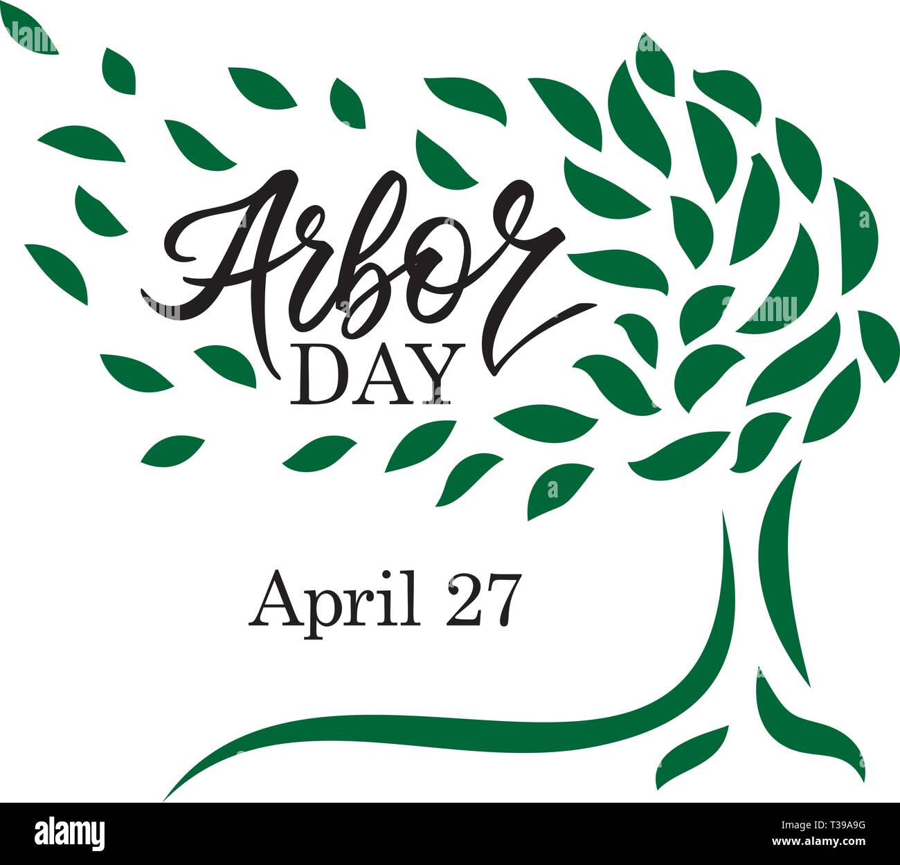 Die Worte von Arbor Day" in einen Baum. Hand - Schreiben, Schrift, Typografie, Kalligrafie. Eine Farbe dunkelgrün, mit hellgrauen Schatten. Für Poster, Banner, Karte. Stock Vektor