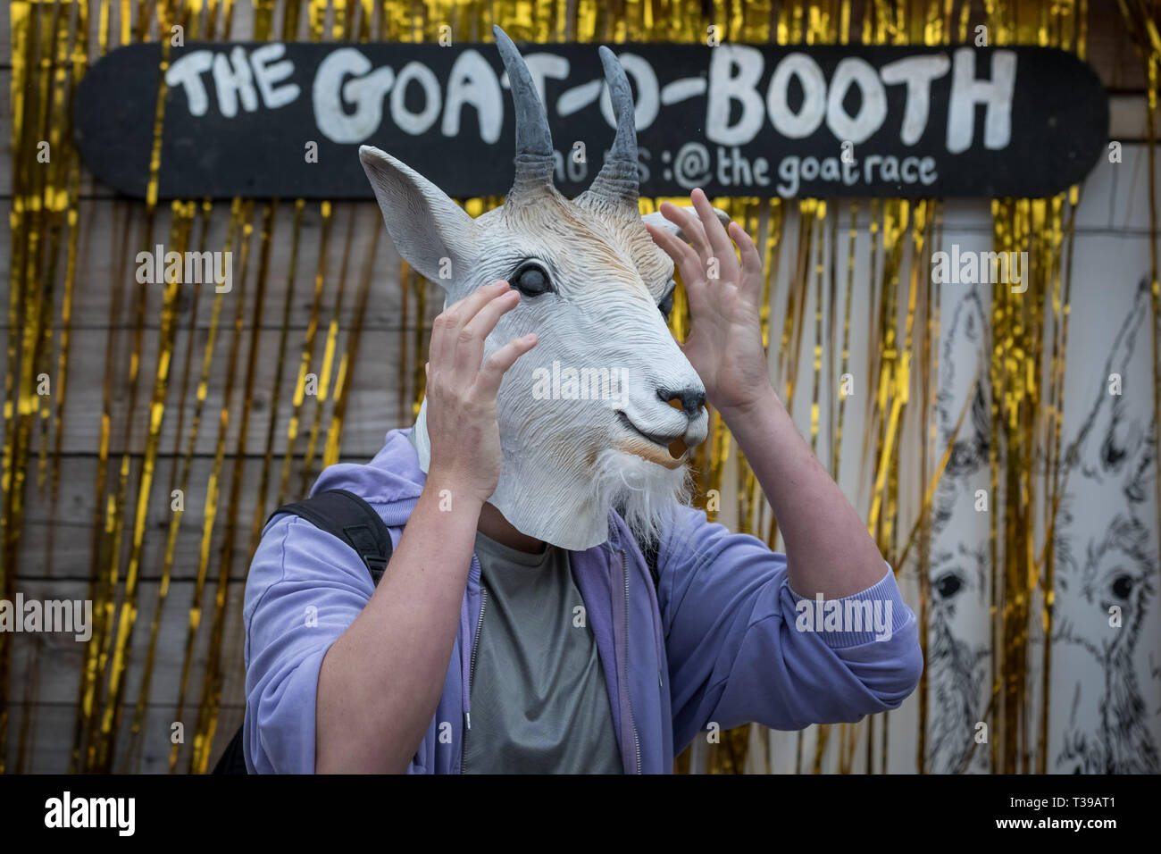 London, Großbritannien. 7. April 2019. 11. jährlichen Oxford gegen Cambridge Ziege Rennen in Spitalfields Stadt Hof in East London. Credit: Guy Corbishley/Alamy Live Neue Stockfoto