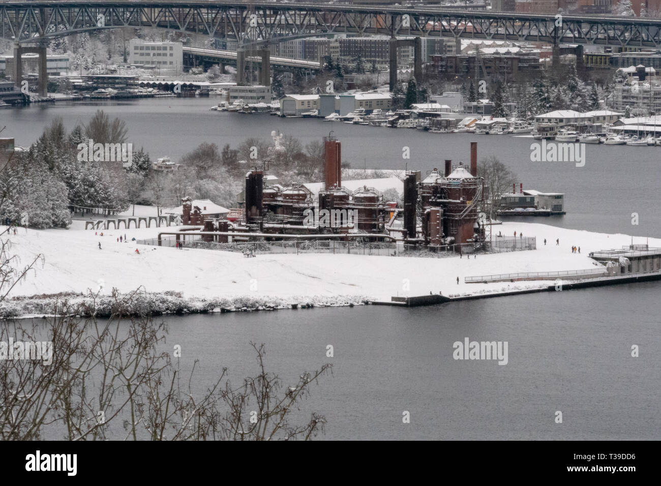 Seattle, Washington - 2019-02-09-Gas-works Park im Schnee nach dem Snowpocalypse 2019 in Seattle. Stockfoto