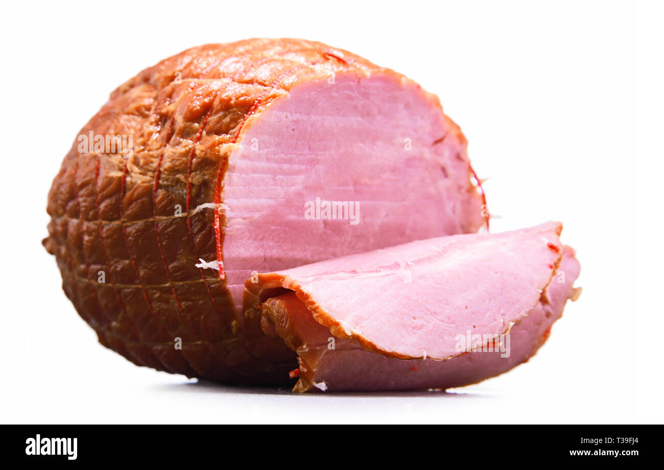 Stück Schinken auf weißem Hintergrund. Meatworks Produkt Stockfoto