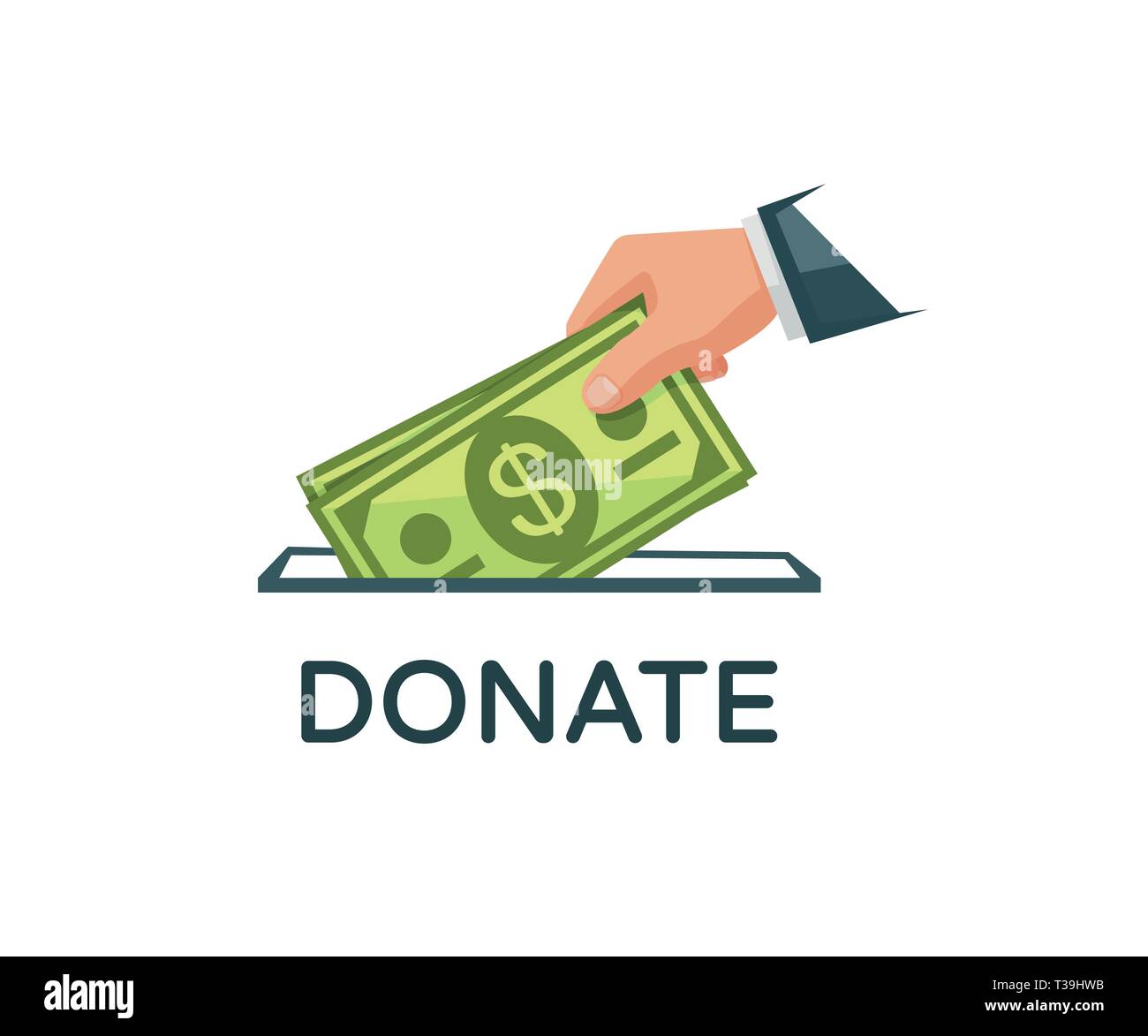 Spenden Sie Geld und Liebe. Hand ist eine Banknoten in eine Spendenbox. Vector Illustration eps 10. Stock Vektor