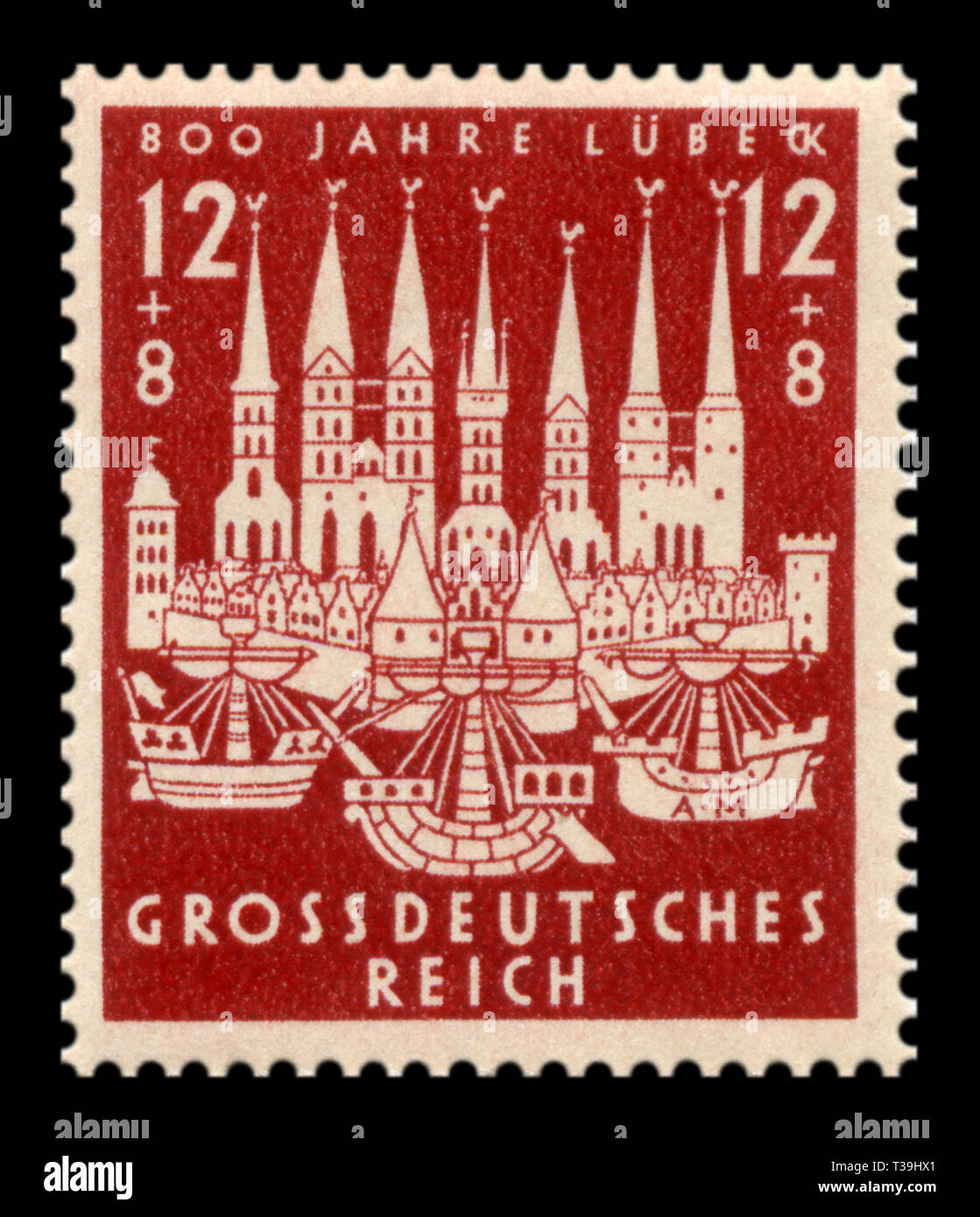 Deutsche historische Stempel: Blick auf die Stadt Lübeck in 1500 ad, das 800jährige Jubiläum der Gründung der Hansestadt, Handelsschiffe, 1943 Stockfoto