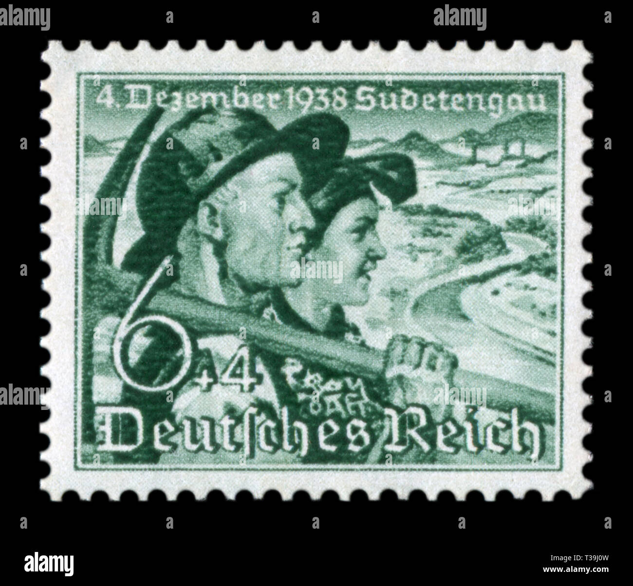 Deutsche historische Stempel: Volksabstimmung über den Beitritt des Sudetenlandes. Paar. Bergmann mit einem Pick und Frau Bauer, 12+8 pf, Ausgabe 1938, Deutschland Stockfoto