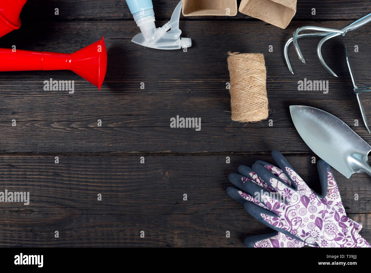 Gartengeräte auf dunklem Hintergrund. Frühling Garten Arbeit Konzept Stockfoto