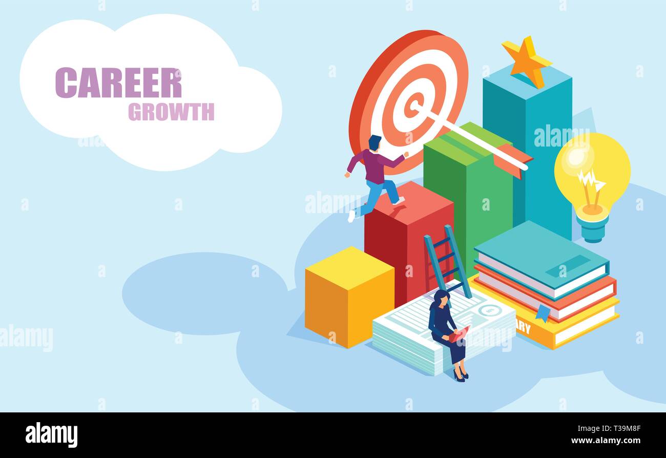 Bildung und Karriere Wachstumschancen Konzept. Isometrische Vektor von Menschen, Ziele zu erreichen, die online Universität Grad Stock Vektor