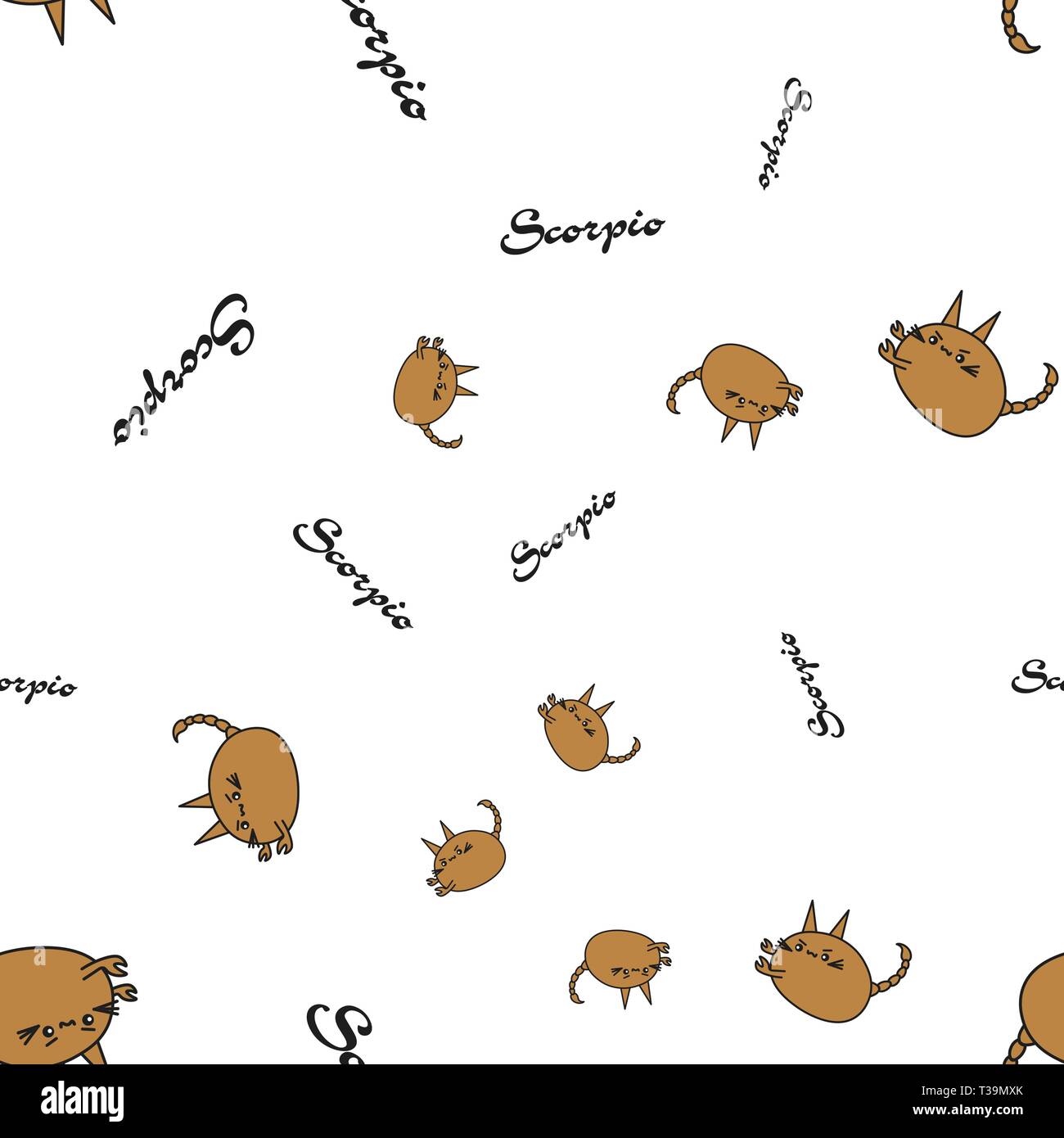 Nahtlose Muster von Cartoon Häschen, Skorpion Sternzeichen mit Text. Vector Illustration auf weißem Hintergrund. Stock Vektor