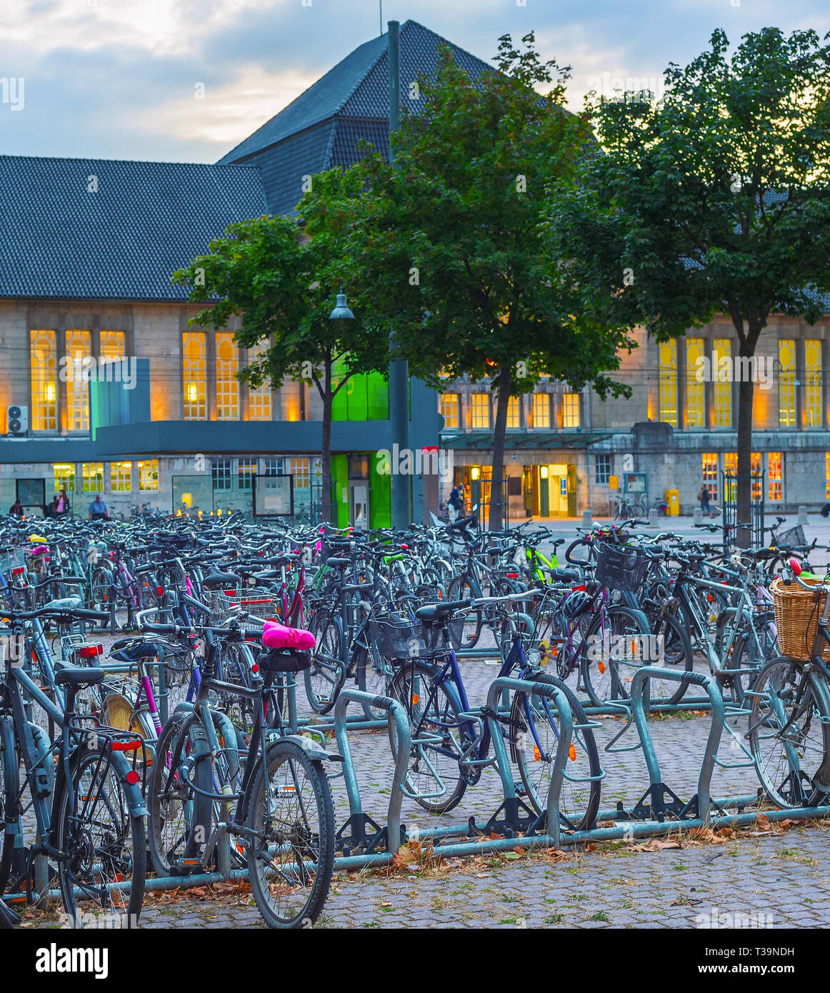 Große Fahrräder Parken am Bahnhof in Sonnenuntergang Dämmerung, Dortmund, Deutschland Stockfoto