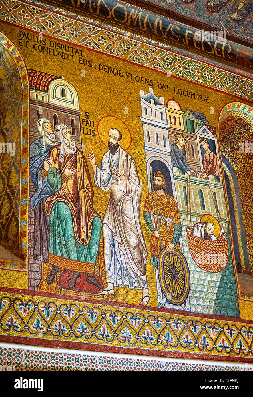 Mittelalterliche byzantinische Mosaiken des Heiligen Paulus Predigt in dann auf der Flucht vor Damaskus, Pfalzkapelle, Cappella Palatina, Palermo, Italien Stockfoto