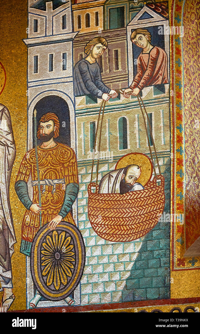 Mittelalterliche byzantinische Mosaiken des Heiligen Paulus Predigt in dann auf der Flucht vor Damaskus, Pfalzkapelle, Cappella Palatina, Palermo, Italien Stockfoto