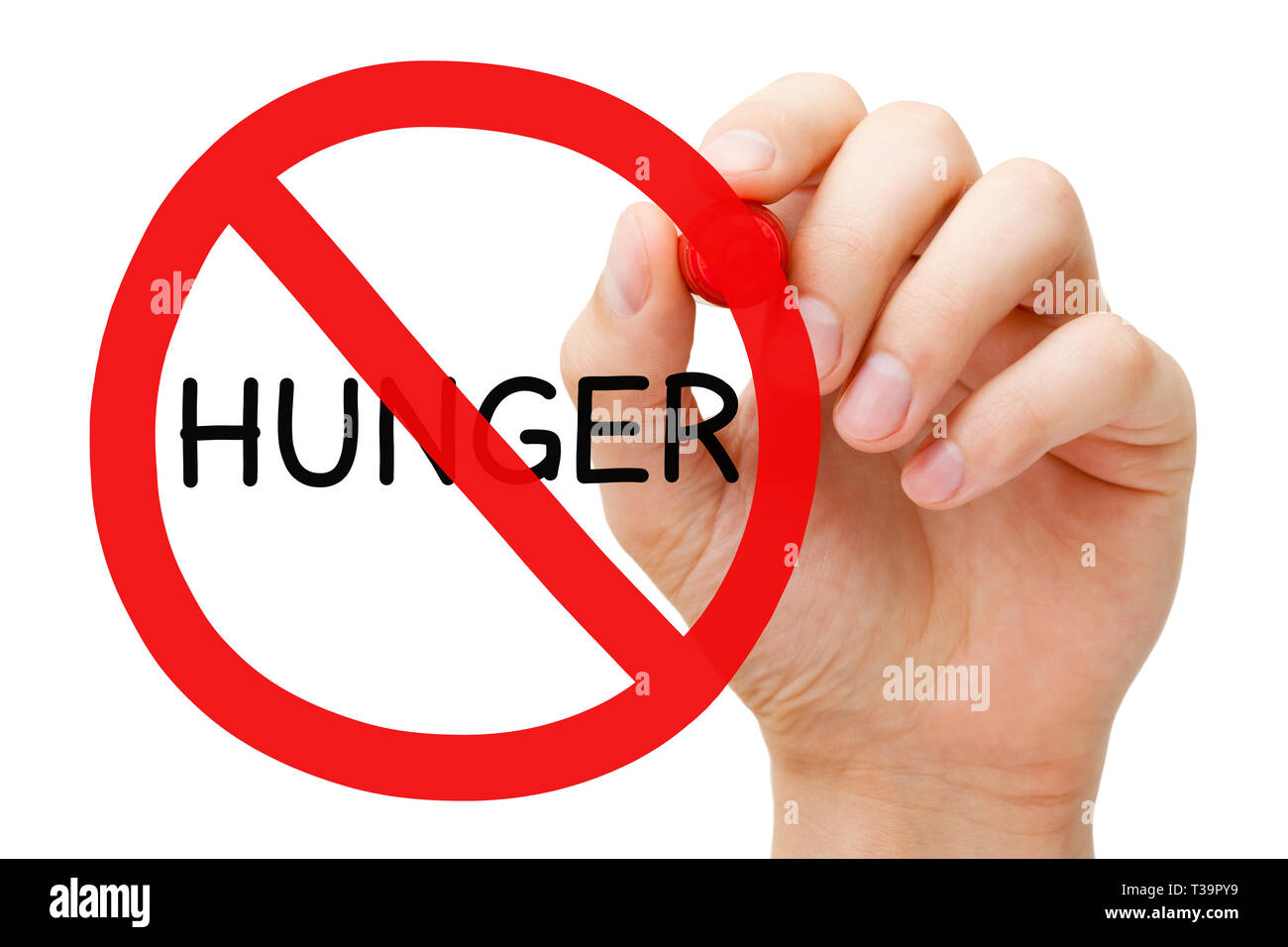 Handzeichnung Hunger Verbotsschild Armut oder Nächstenliebe Konzept mit roter Markierung auf transparente abwischen Board auf Weiß isoliert. Stockfoto
