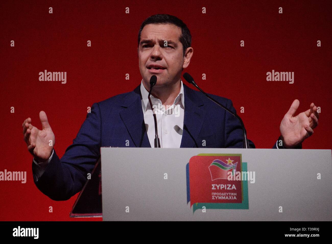 Premierminister und Präsident von SYRIZA Alexis Tsipras gesehen Sprechen während der Panhellenischen Konferenz der SYRIZA politische Partei davon aus, Athen. Stockfoto