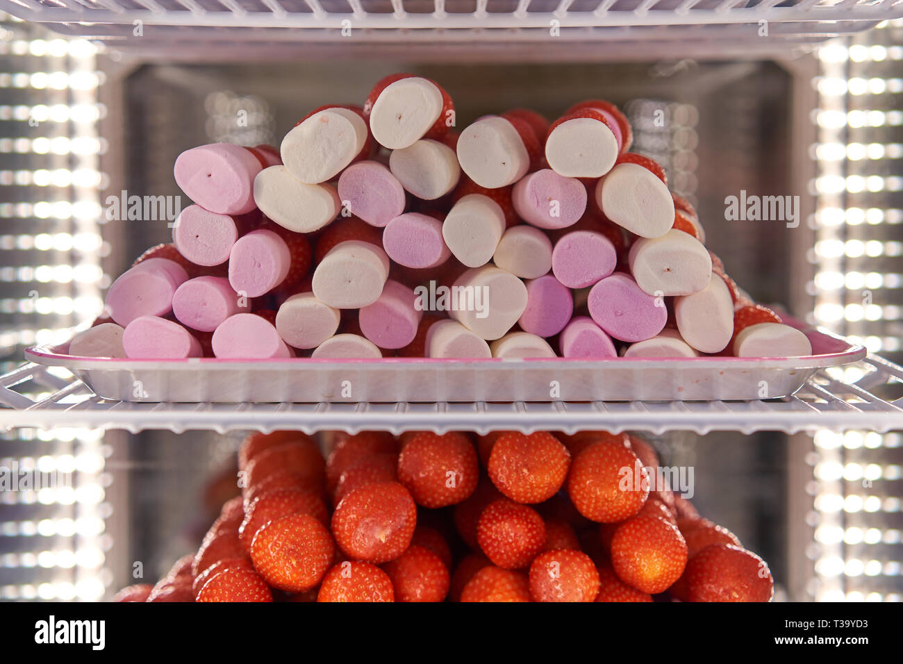 Rosa und weissen Marshmallow und Erdbeeren Spieße in einem Kühlschrank mit LED-Leuchten gestapelt. Querformat. Stockfoto