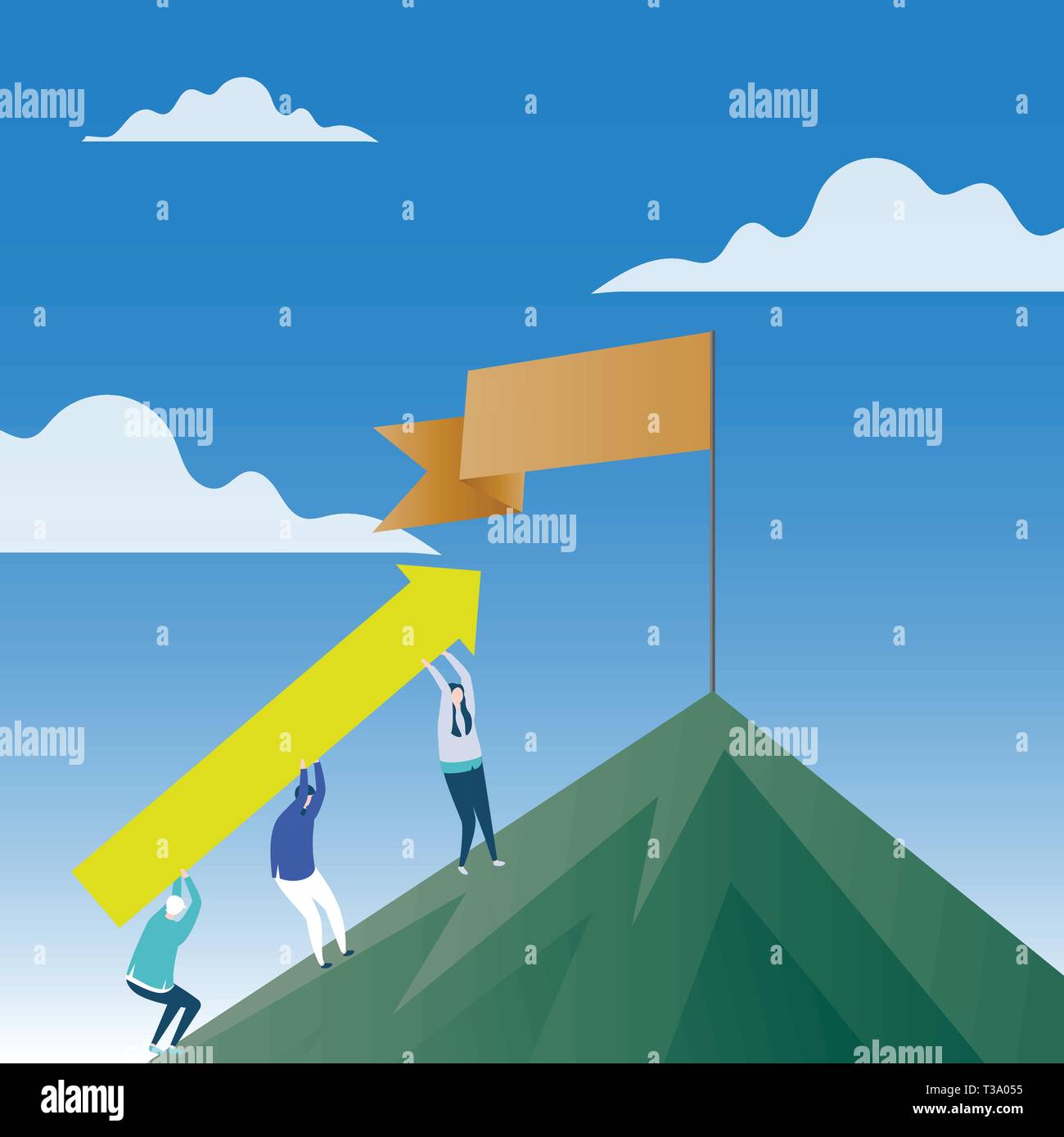 Menschen die Pfeiltasten gehen den Berg hinauf. Blank Banner auf der Pole an der Spitze Design Business Konzept leere Vorlage kopieren Raum text für Ad website iso Stock Vektor