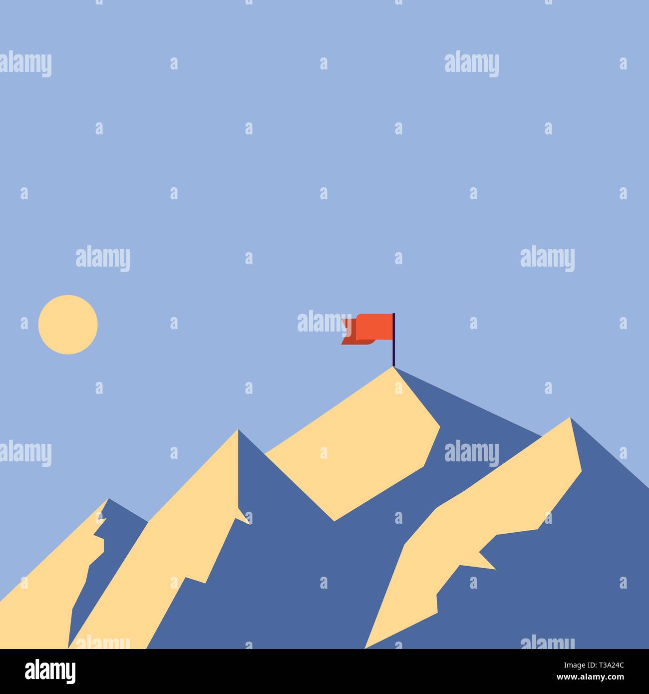 Berge mit Schatten, Tageszeit und Flagge Fahne auf einem Gipfel Design Business Konzept leere Vorlage kopieren Raum Text für Anzeige Web site isolieren Stock Vektor