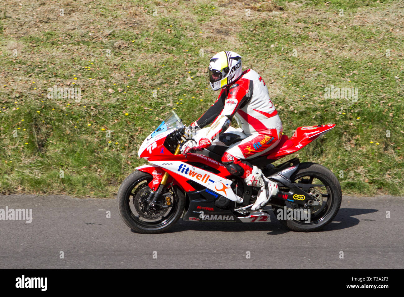 Chorley, Lancashire, UK. April, 2019. Hoghton Tower 43 Motorrad Sprint. Reiter Stockfoto