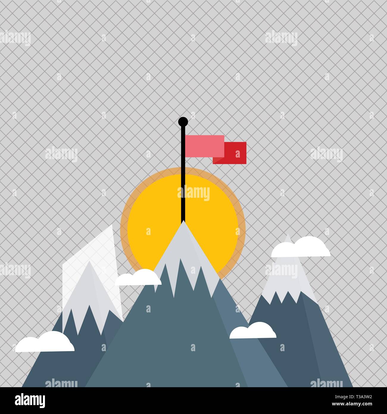 Drei hohe Berge mit Schnee und eine Leere bunte Fahne an der Spitze Design Business Konzept leere Vorlage kopieren Raum Text für Anzeige Web site Isola Stock Vektor