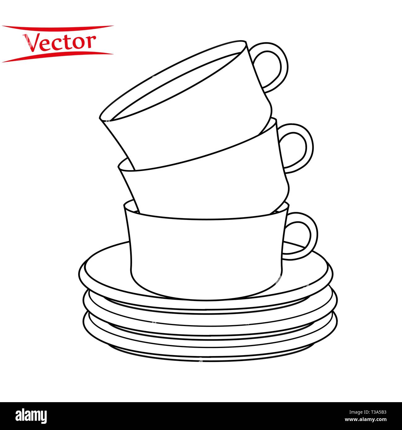 Vector Illustration eines Stapels von Linie Kaffeetassen auf weißem Hintergrund Stock Vektor