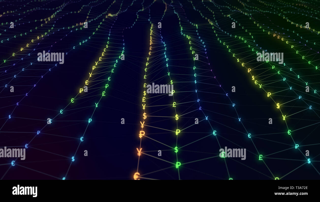 Futuristische abstrakte Partikeloberfläche Wave. Gewellten Raster von hellen Währungssymbole erstellen gekrümmte Fläche. Futuristische 3D-Abbildung. Stilisierte Hi-Tech-ba Stockfoto