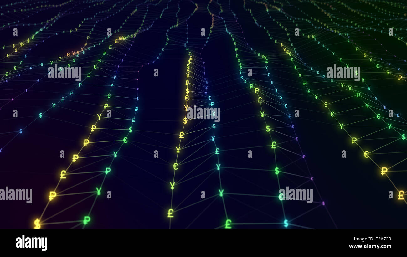 Futuristische abstrakte Partikeloberfläche Wave. Gewellten Raster von hellen Währungssymbole erstellen gekrümmte Fläche. Futuristische 3D-Abbildung. Stilisierte Hi-Tech-ba Stockfoto
