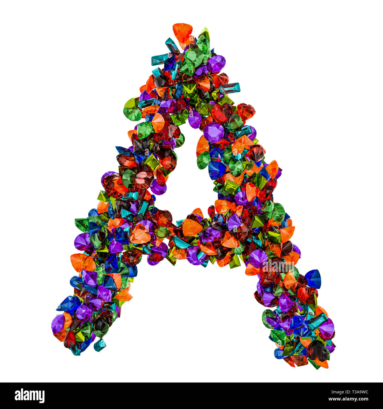 Buchstabe A aus farbigen Edelsteine. 3D-Rendering auf weißem Hintergrund Stockfoto