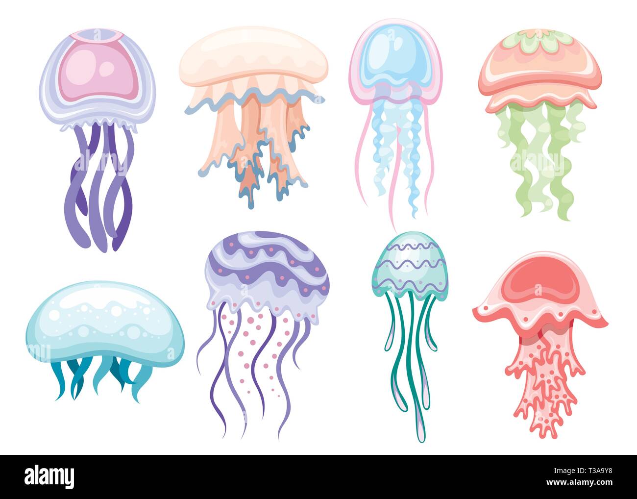 Satz von Meer Quallen. Tropische Unterwasserwelt Tier. Medusa aquatischen Organismus, cartoon Design. Flache Vector Illustration auf weißem Hintergrund Stock Vektor