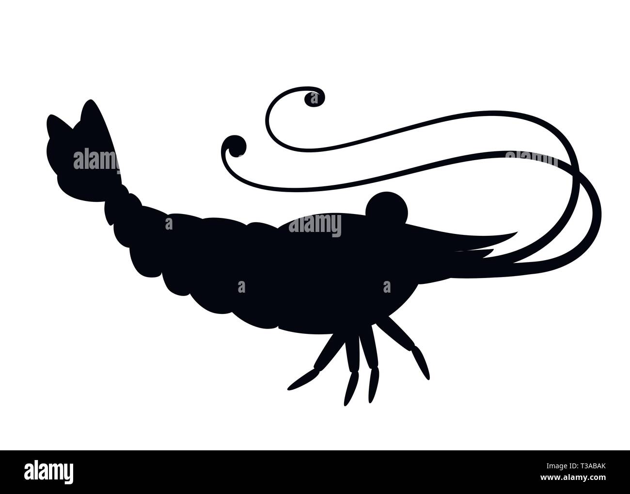 Schwarze Silhouette. Cute Garnelen. Cartoon animal Character Design. Schwimmen Krebstiere. Flache Vector Illustration auf weißem Hintergrund. Stock Vektor