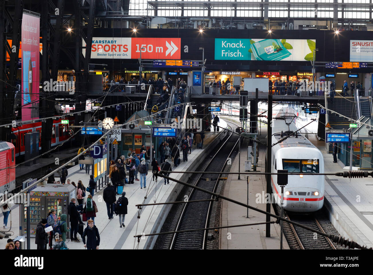 Blick auf einen überfüllten und geschäftigen Bahnhof am Hamburger Hbf, Hamburg. Hamburger Hauptbahnhof Stockfoto