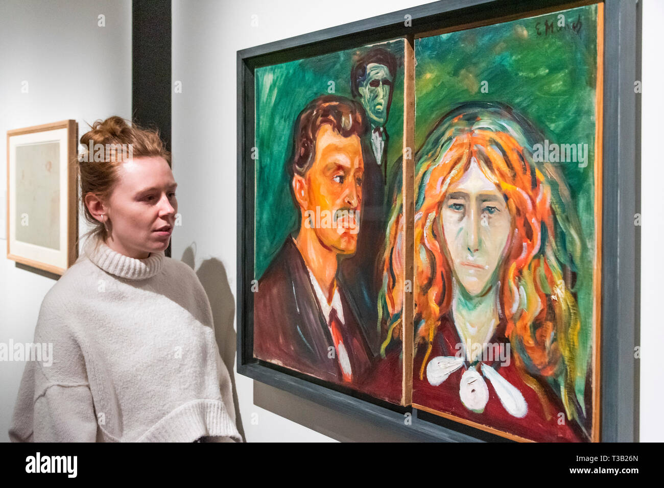 London, Großbritannien. 8. Apr 2019. Selbstportrait mit Tulla Larson, 1905, die er in die Hälfte geschnitten, nachdem sie aufgeteilt - Edvard Munch: Liebe und Angst am britischen Museum, die größte Ausstellung von Munchs druckt in Großbritannien für 45 Jahre. Die Ausstellung ist eine Zusammenarbeit mit Norwegen Munch Museum und läuft vom 11. April bis 21. Juli 2019. Credit: Guy Bell/Alamy leben Nachrichten Stockfoto