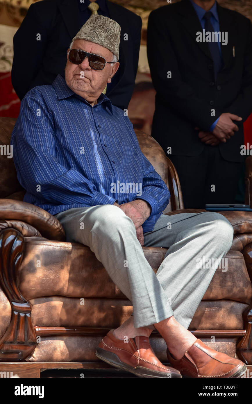 Srinagar, Kashmir. 8 Apr, 2019. Präsident von Indiens politische Partei Nationale Konferenz Farooq Abdullah während einer Wahlkampagne Rallye vor der bevorstehenden Wahlen in Srinagar gesehen. Kredit Idrees: Abbas/SOPA Images/ZUMA Draht/Alamy leben Nachrichten Stockfoto