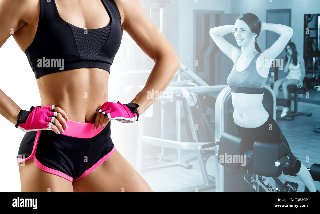 Sportliche Collage von Frauen Training im Fitnessraum. Stockfoto