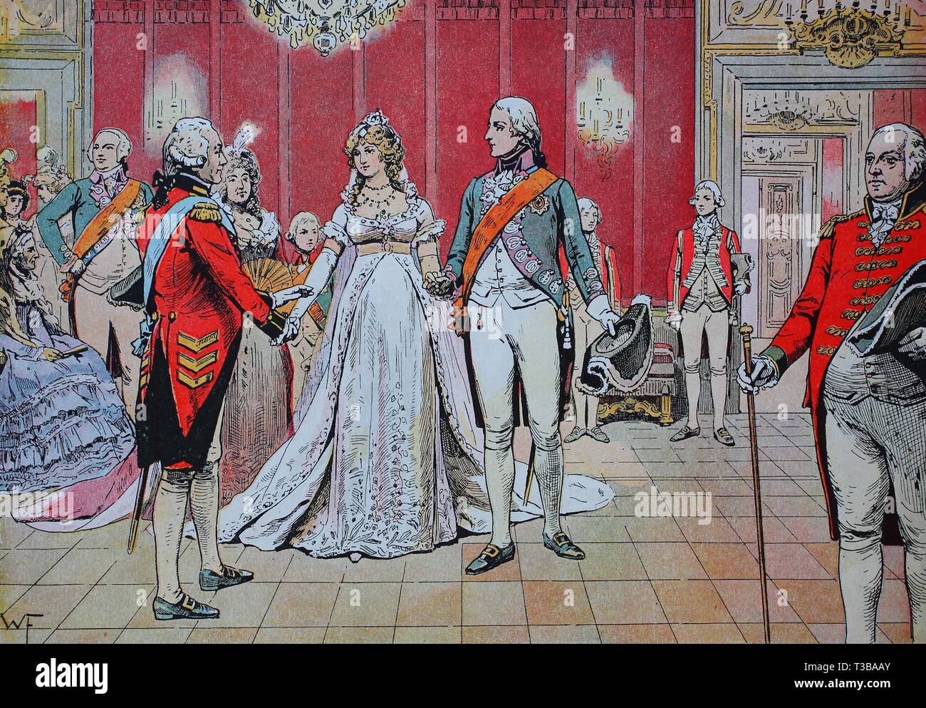 Herzogin Luise von Mecklenburg-Strelitz, Luise Auguste Wilhelmine Amalie, 1776-1810, und Friedrich Wilhelm III. von Preußen, die Hochzeit in Berlin, histo Stockfoto