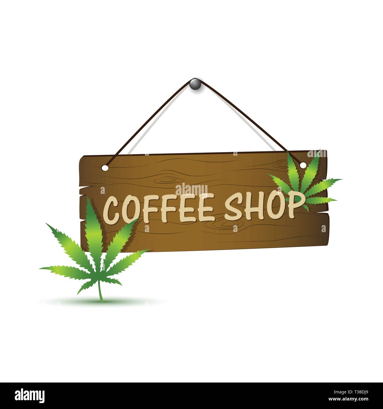 Holzschild mit Cannabis Cannabis Blatt und Coffee shop Typografie Vektor-illustration EPS 10. Stock Vektor