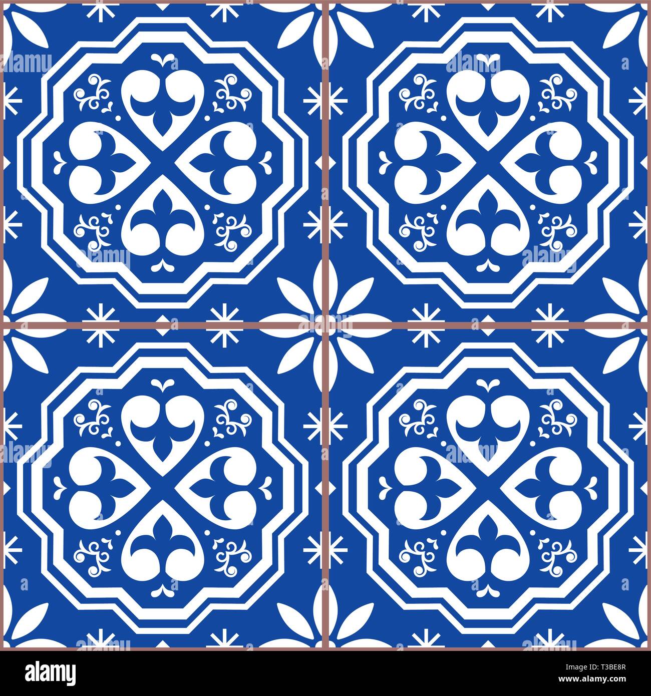 Portugiesische kacheln Azulejos Vektor nahtlose indigo Muster, geometrische repetitve navy blue Design - Textil- oder Hintergrund Stock Vektor